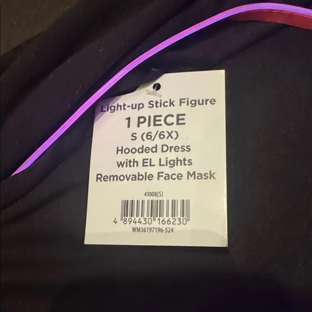 Girls Light Up Stick Figure Black Hooded Dress Pink Halloween S 6/6X NEW